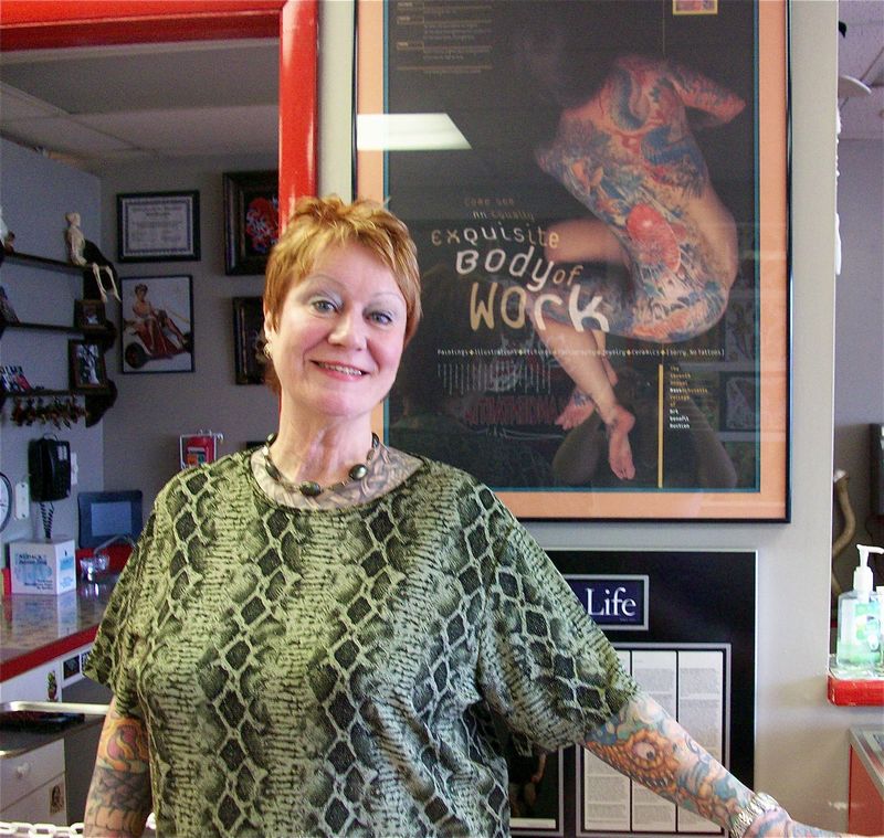 Artist Peggi Hurley is not shy about showing off her body of work at Ancient Art Tattoo Studio in Lewes. BY KARA NUZBACK